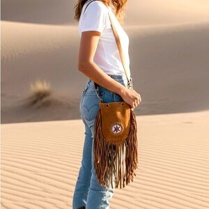 Fringe Leather Crossbody Bag - Tan, Handcrafted, Stampede Perfect